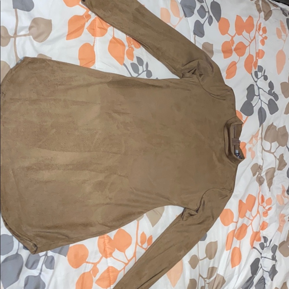 Turtle neck nude suede dress.